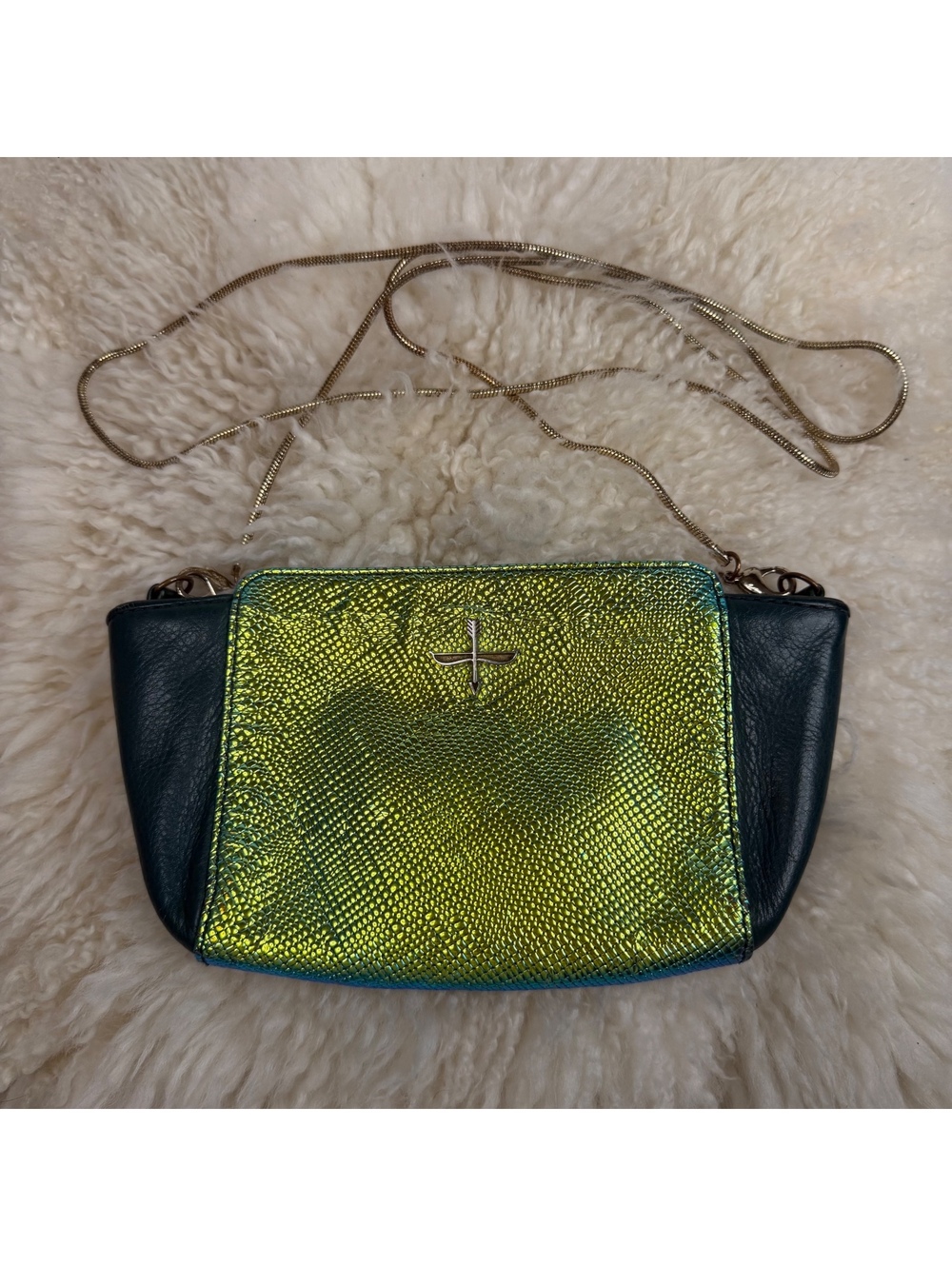 Pour La Victoire Metallic Embossed Leather Crossbody Clutch Green Gold Chain Bag